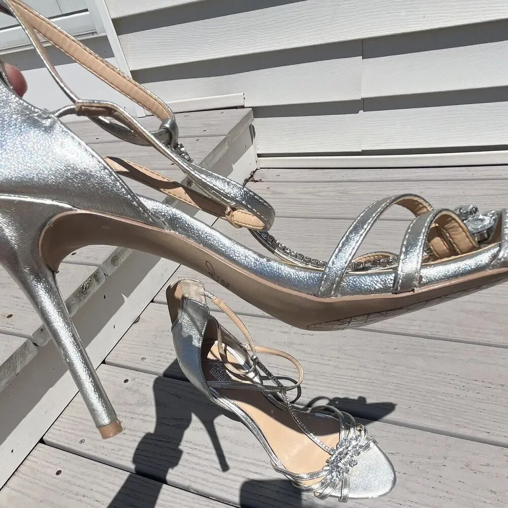Jewel Badgley Mischka Silver Strappy Crystal Open Toe Stiletto Zip Heel US 10